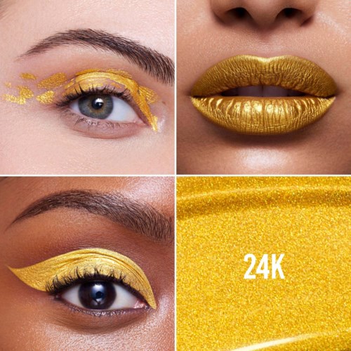 Close-up van ogen en lippen met goudmake-up en glitter, met glanzende goudtexturen en '24K'-label.