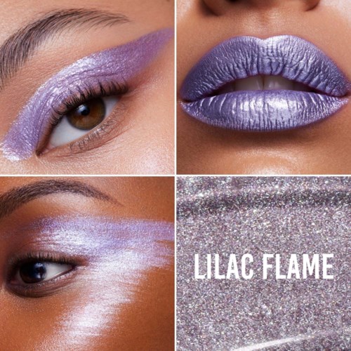 Vier afbeeldingen tonen paarse metallic make-up op ogen en lippen, en glitter met de woorden "LILAC FLAME."