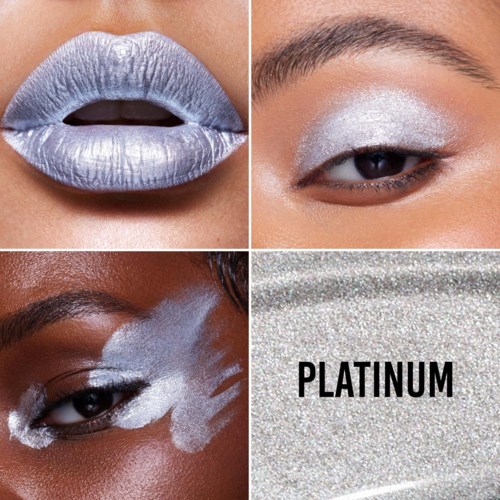 Close-up van drie verschillende ogen met glanzende, zilveren make-up en een zilveren achtergrond met het woord 'PLATINUM' in zwart.