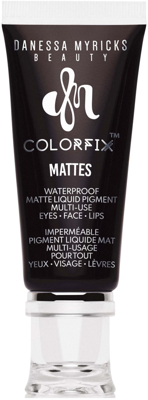 Een zwarte tube van Danessa Myricks Beauty ColorFix Matte waterdichte vloeibare pigment voor ogen, gezicht en lippen.