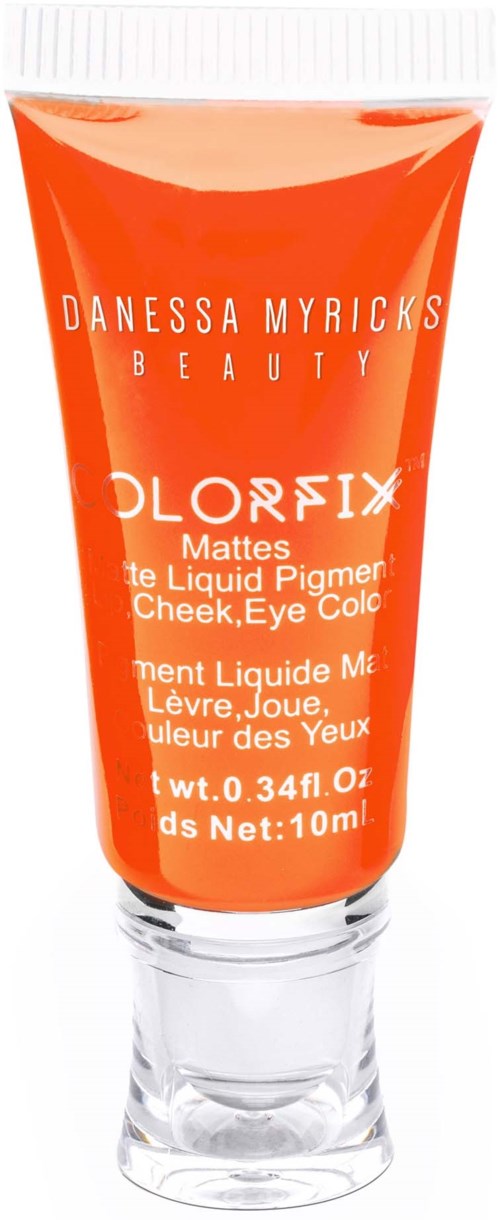 Orange tub med vitt lock, märkt 'Danessa Myricks Beauty' och 'Colorfix', för kinder och ögon.