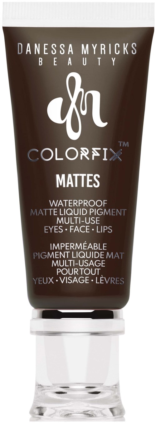 Een bruine tube met waterdichte matte vloeibare pigment voor ogen, gezicht, lippen, met witte en zilveren tekst en een doorzichtige dop.