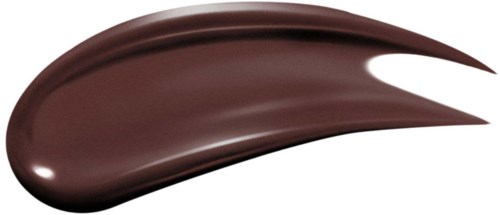 Een vleugje donkerbruine, glanzende substantie met soepele, gebogen randen. Lijkt op gesmolten chocolade of verf.