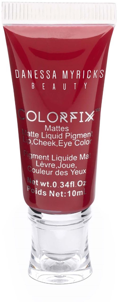Rode tube voor lip- en oogmake-up met witte tekst, gemarkeerd 'Colorfix Mattes' door Danessa Myricks Beauty, 10ml.