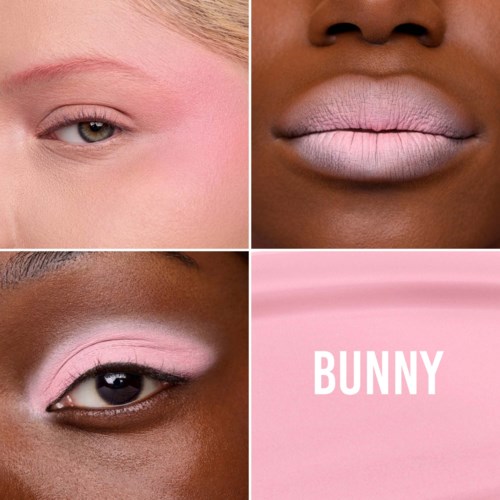 Close-up van verschillende oog- en lipmake-up stijlen, met roze achtergrond en het woord 'BUNNY' in wit.