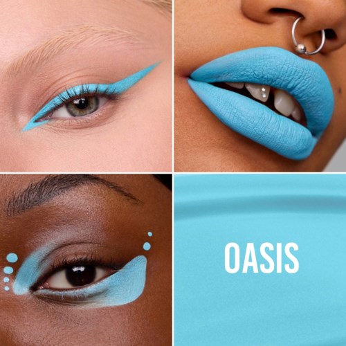 Close-up van diverse ogen en lippen met felblauwe make-up, naast een logo met de tekst "OASIS."