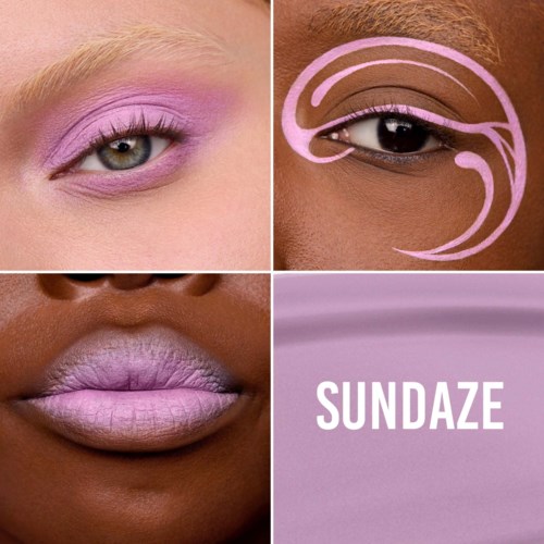 Een collage met ogen en lippen versierd met roze en paarse make-up, en het woord 'SUNDAZE' in paars.