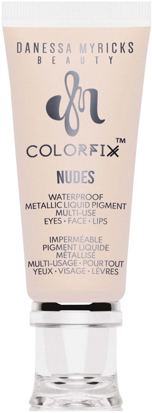 Een make-up product tube met label 'Color Fix Nudes' door Danessa Myricks, voor ogen, gezicht, lippen, waterdicht en multi-use.