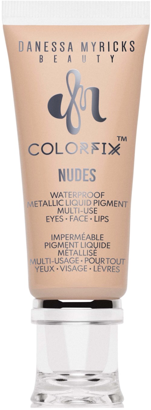 Beige tube met zwarte en paarse tekst, gemarkeerd als waterdichte metallische vloeibare pigment voor ogen, gezicht, lippen.