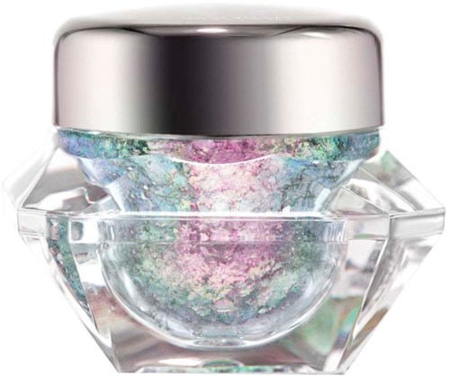 Een kleine, doorzichtige pot met kleurrijke glitters en een zilveren deksel.