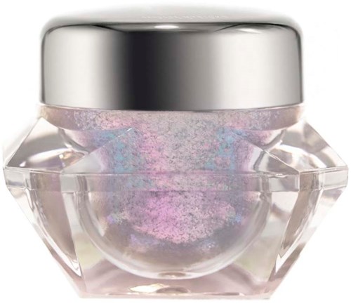 Een kleine, doorzichtige container met een glanzende zilveren deksel, met pastelgekleurde poeder of glitters.
