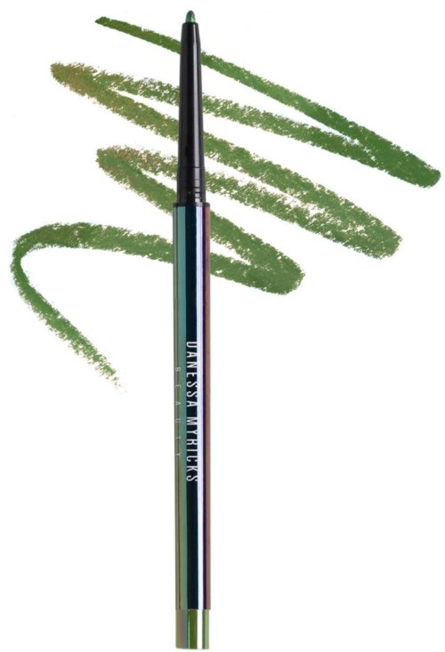 A greenish-blue eyeliner pencil with strokes of green eyeshadow around it.