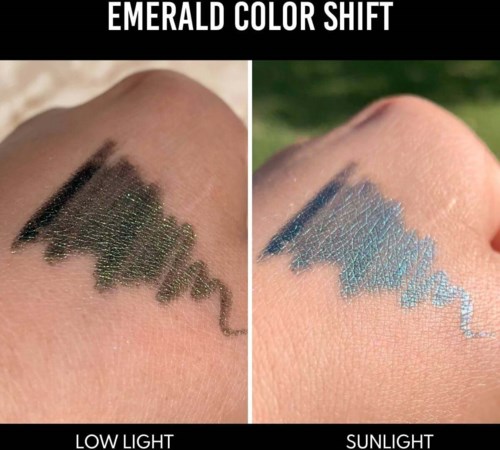 Swatches show green and blue eyeshadow under low light and sunlight. Colors shift from green to blue.