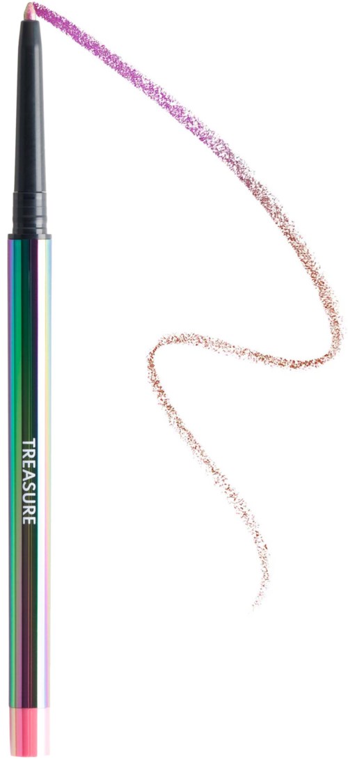 A colored pencil with a sparkle, drawing a pink and purple curved line.