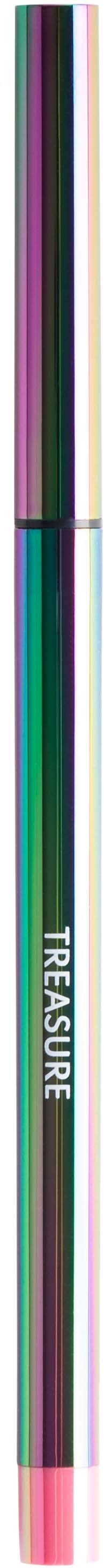 A colorful, striped pencil with a pink eraser and the word 'TREASURE' written along its side.
