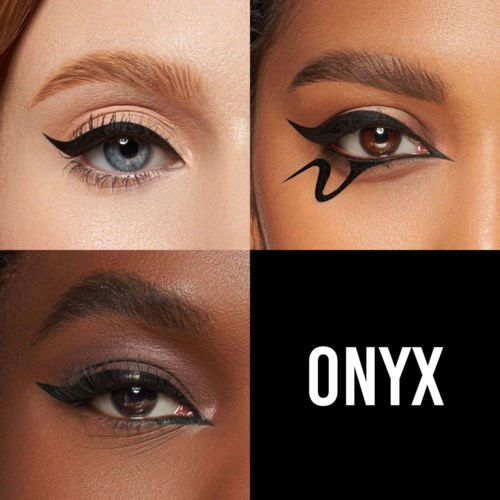 Neljä erilaista silmämeikkityyliä, joissa on vahva eyeliner, silmämeikki ja logo tekstillä 'ONYX'.