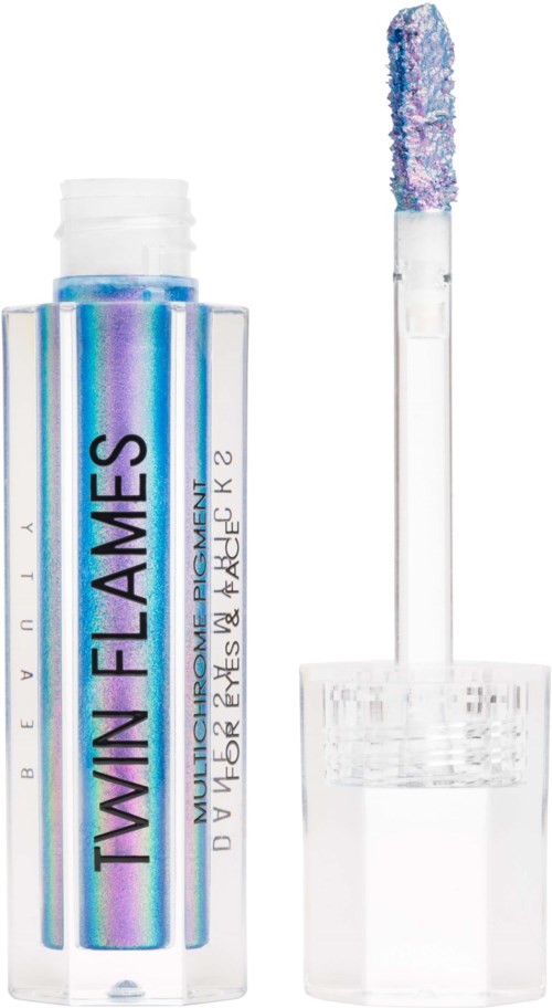 Lip gloss tubes with iridescent labels and a wand applicator with colorful gloss. Stars and celestial designs.