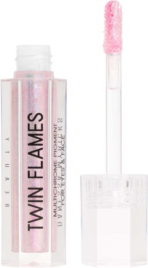 Pink glitter eyeshadow with applicator in clear tube, labeled 'TWIN FLAMES' and 'BEAUTYLAB' in black letters.