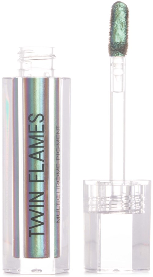 A clear lip gloss tube with holographic design and a wand applicator.