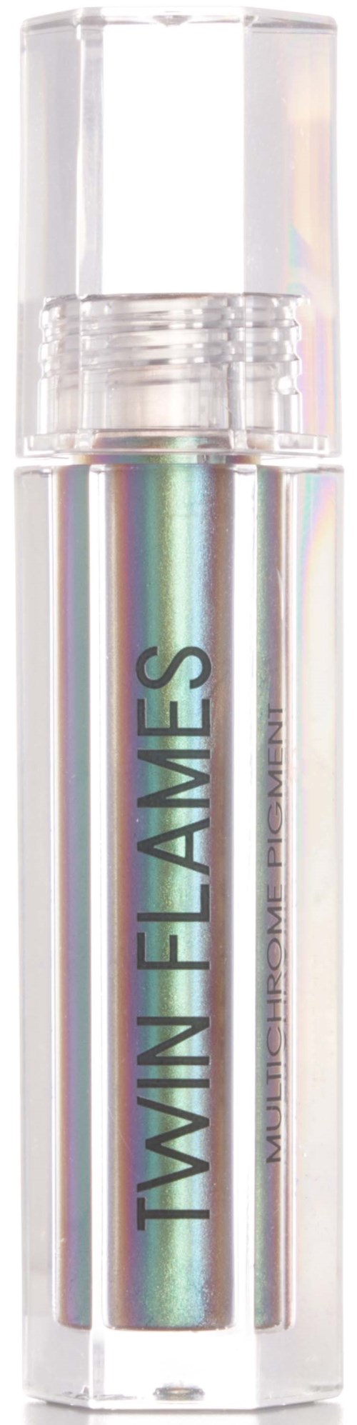A clear, cylindrical tube with a shiny, rainbow-colored inner core and a transparent cap. The words "TWIN FLAMES" are printed vertically.