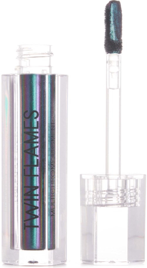 A clear lip gloss tube with iridescent label and a black-tipped wand applicator.