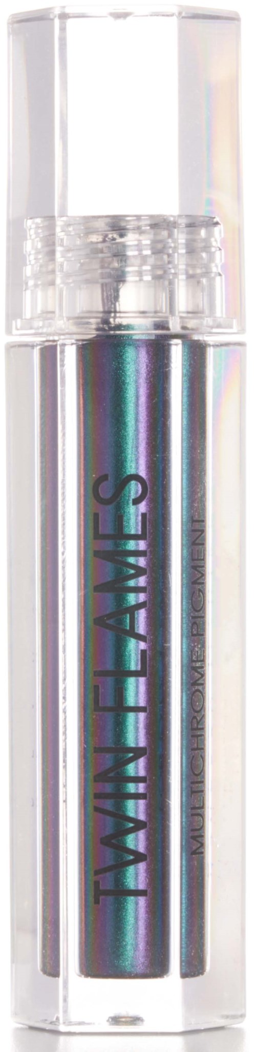 A clear lipstick tube with a shiny, metallic-looking lipstick inside. The tube has text written on it.