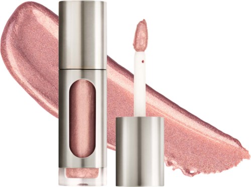 Een glanzende zilveren lippenstift met een roze lippenstift erin en een roze kwast erachter.