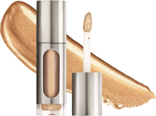 Ett silverfärgat läppstift med beige färg och ett guldigt smink bakom.