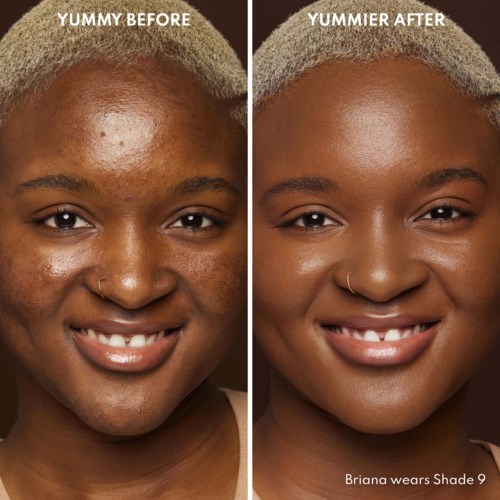 A side-by-side comparison shows a woman's face before and after skin treatment, with clearer, brighter skin in the second image.