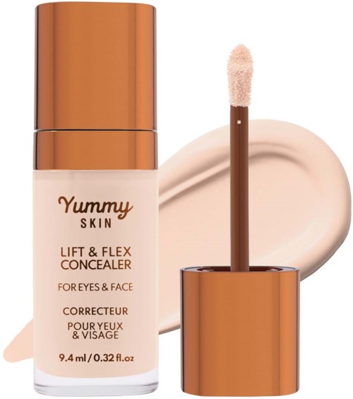 A concealer bottle with a sponge applicator, labeled 'Yummy Skin Lift & Flex Concealer' for eyes and face.
