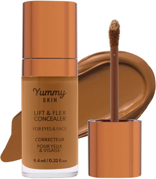 A bottle of Yummy Skin Lift & Flex Concealer with applicator, surrounded by a swatch of concealer.