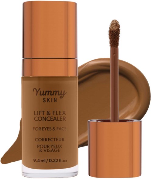 A bottle of Yummy Skin Lift & Flex Concealer with applicator, and a smear of concealer in a matching color.