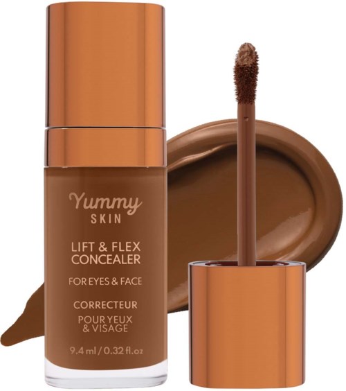 A beige concealer bottle, applicator wand, and swatch of the product on a white background.