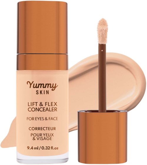 Concealer bottle for eyes and face with a beige tone and a brown cap, applicator wand attached.