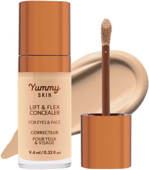 A concealer bottle with a beige liquid, cap, and an applicator wand. Blended background with a beige smear.