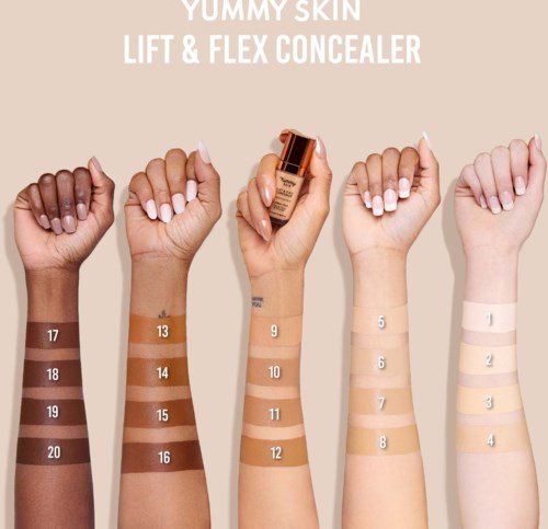 Swatches of different skin tones and concealer shades, with an arm holding concealer in the middle. Text describes concealer benefits.