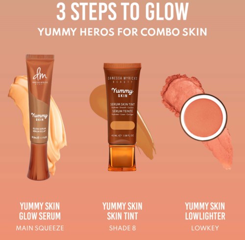 Drie huidverzorgingsproducten: serum, huidtint en highlighter, met namen en tinten voor een glow.