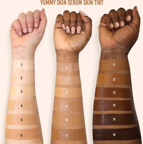 Three arms showing different skin tones with numbered swatches from light to dark. The text says: YUMMY SKIN SERUM SKIN TINT.