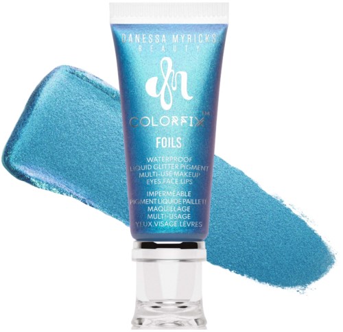 Blue tube of waterproof liquid glitter pigment for eyes, face, lips and multi-use makeup with a swatch on a white background.