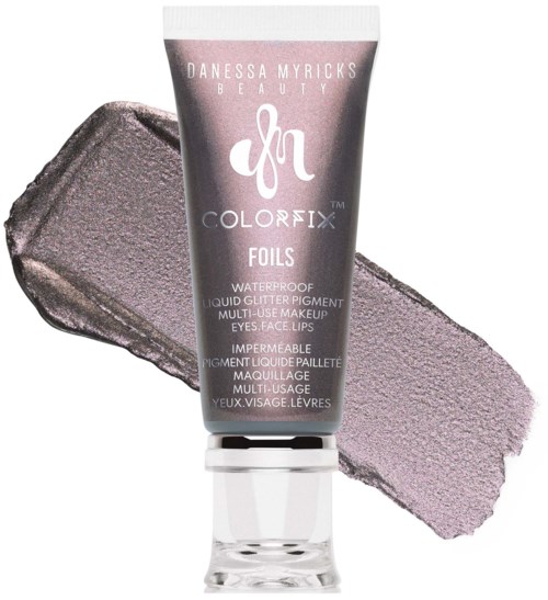 Gray liquid lipstick in a tube with a clear cap, displayed on a swatch of the same shade. Logo and product name visible.