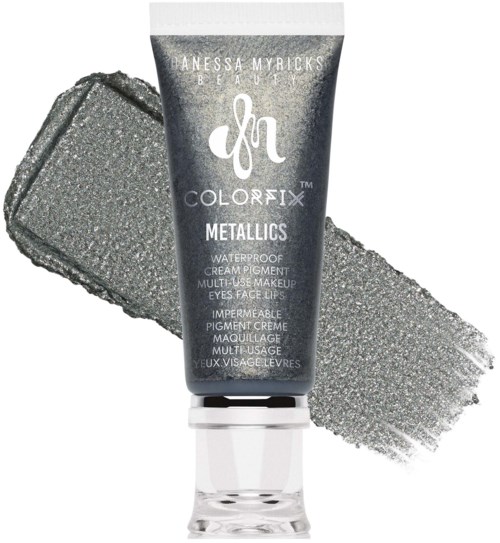 A tube of metallic waterproof cream pigment from Anastasia Beverly Hills with a silver swatch behind it.