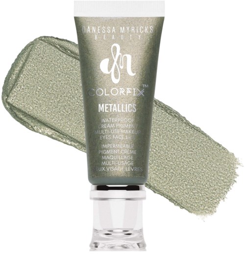 Green metallic cream in a tube with a silver cap, with swatched color on a white background.