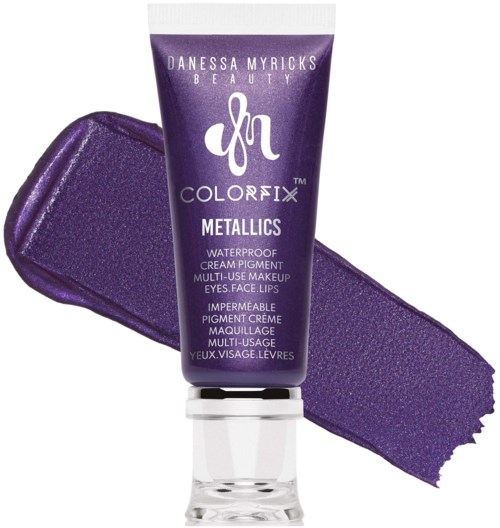 Purple tube of Danessa Myricks Beauty Colorfix Metallics waterproof multi-use makeup for eyes, face, and lips with a purple swatch.