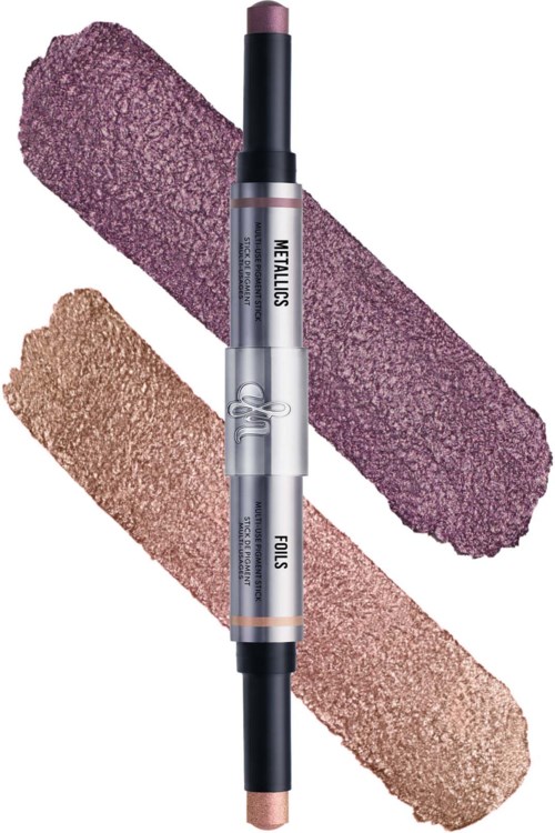 A dual-ended makeup stick with pink and beige shades, with color swatches behind it.
