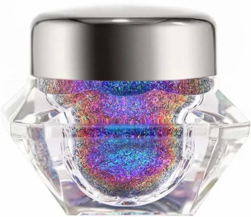 A jar with colorful glitter inside, topped with a silver lid, in a clear, geometric glass container.