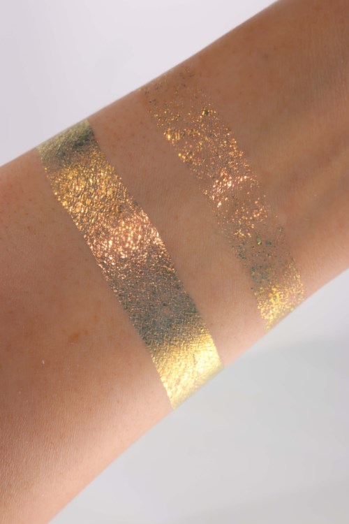 Metallic gold and glittery silver swatches on skin, showing different shades and textures of makeup or body glitter.