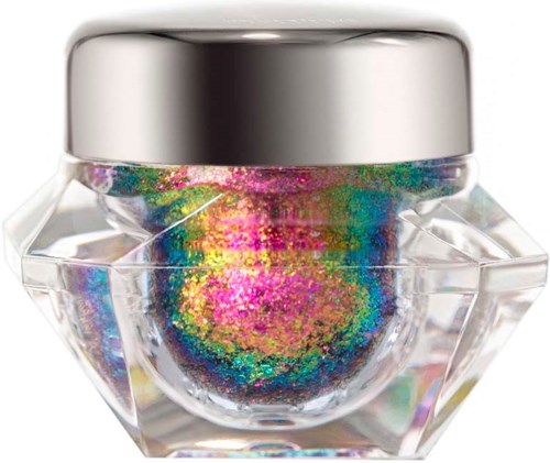 A small round jar with a silver lid containing colorful glitter and holographic particles.