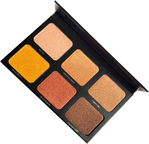 Eine Make-up-Palette mit sechs Farben, darunter Pfirsich, Gelb, Kupfer und Braun, in einer schwarzen Hülle.