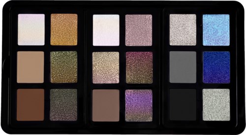 Makeup-Palette mit verschiedenen schimmernden und matten Lidschatten in unterschiedlichen Farben und Tönen.