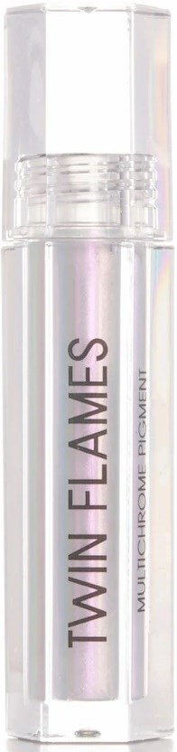A transparent lip gloss tube with silver accents and the words Twin Flames on it.